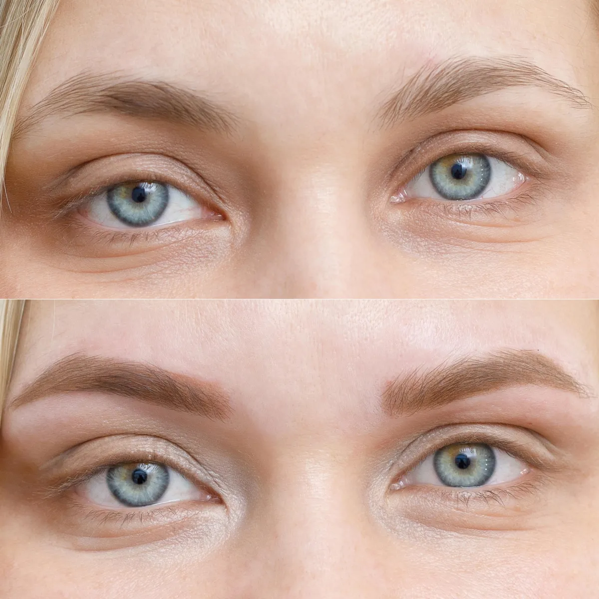 Vorher und Nachher Powder Brows, natürliche schattierte Brauen