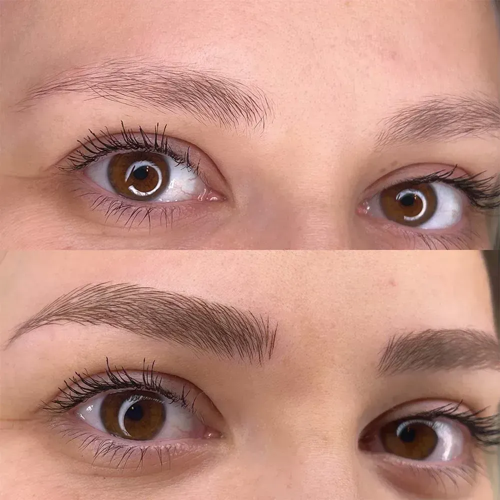 Vorher und Nachher Powder Brows, definierte natürliche Brauen